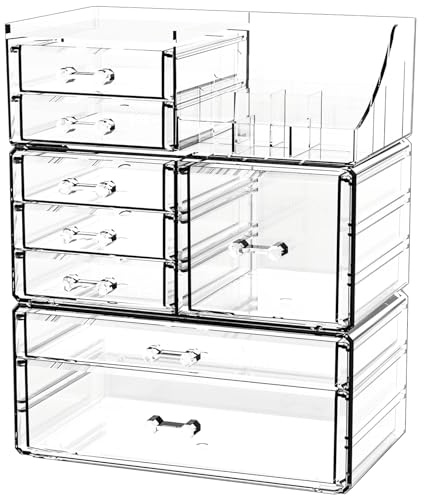 Acrylic Clear Makeup Organizer Countertop,Stackable Skincare Organizer for Vanity With 8 Drawers,Large Plastic Desk Accessories Organization,Bathroom Cosmetic Organizer Countertop for Beauty,Skin Care