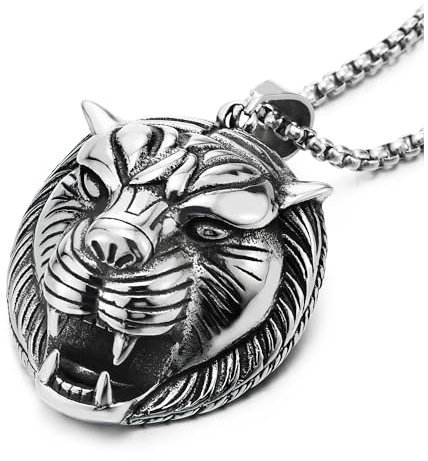 COOLSTEELANDBEYOND Acero Inoxidable Tigre Cabeza Colgante Collar de Hombre, Cadena de Trigo 75CM