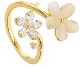 IMINI Zierlicher Blume Ring für Damen Mädchen Funkelnder Zirkonia Gänseblümchen Offene Statement Ringe Perlen Chic Verlobungsversprechen Ring Wickel Fingerband 14 Karat Vergoldet (Weiß)