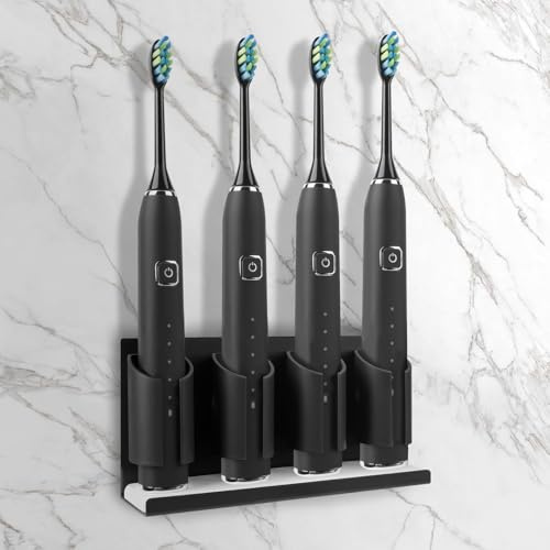 Adorila Electric Toothbrush Holders for Bathrooms Wall Mounted, 4 Slots Adhesive Toothbrush Organizer Stand with Diatomite Dish, Compatible with Philips 2100, 4100, 5100, 6100, 6500, 7500 (Black)
