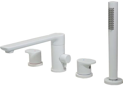 UNFRASLOP Badewannenarmatur Mit Handbrause Wannenrandarmatur 4 Loch Wasserfall, Drehgriff Badewanne Zweigriff Wannenrandarmatur Aus Messing,Weiß