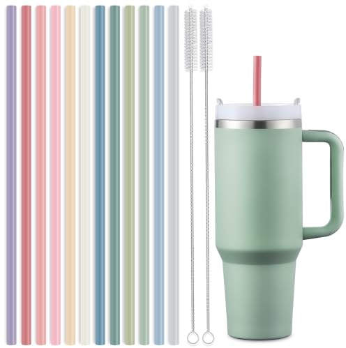 12-Pack Silicone Reusable Straws for Stanley 40 oz 30 oz Cup Tumbler, 12.2 inch Long Replacement Straws with 2 Cleaning Brushes