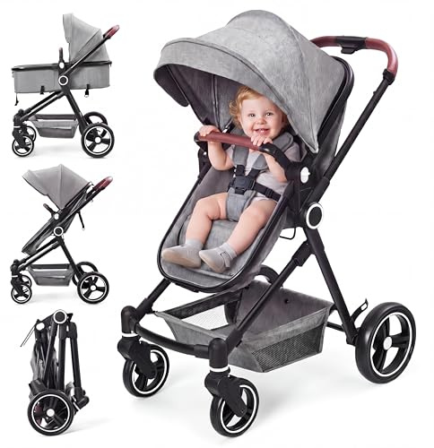 Cochecito 2 en 1, compacto y ligero, plegable, con asiento reclinable, capazo ajustable, para todo tipo de terrenos, 0-3 años (Gris)