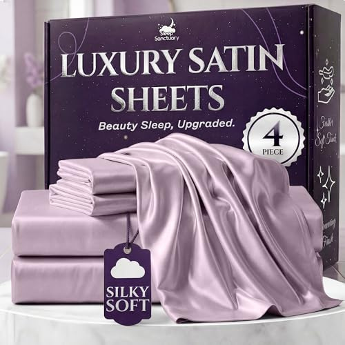 Sleep Sanctuary Sábanas de satén tamaño Queen: Juego de Cama Sedoso de Lujo de 4 Piezas, más Suave Que la Seda, Bolsillo Profundo de 15 Pulgadas, refrescante y sin Arrugas, Absorbe la Humedad y