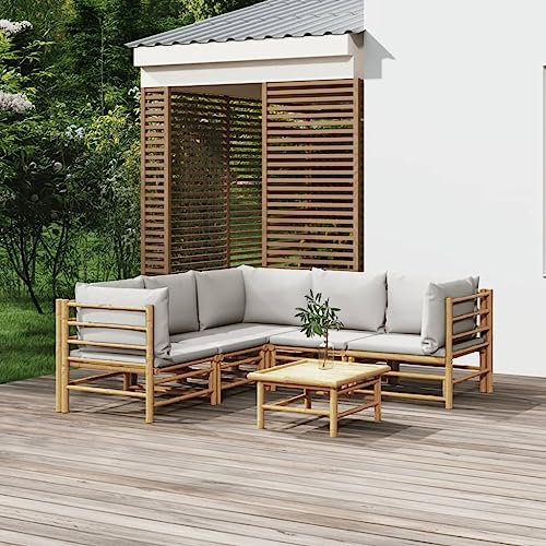 KATERYY 6-TLG. Garten-Lounge-Set mit Kissen Hellgrau Bambus,Elegantes GartenLoungeSet aus Bambus: Bequem und flexibel für deinen Außenbereich