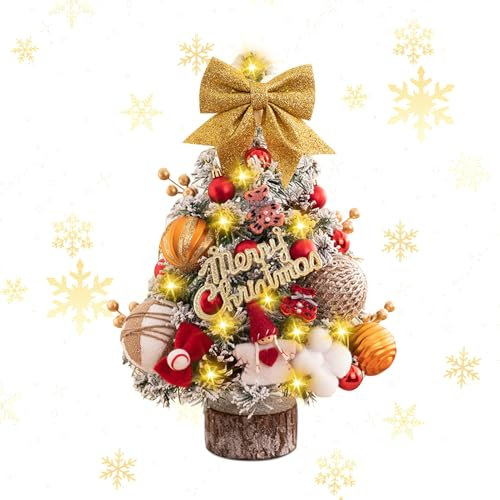 Mini Künstliche Weihnachtsbaum Weihnachtsdeko, Weihnachtsbaum Klein mit Beleuchtung LED und Holzsockel, 45cm Klein Tannenbaum Geschmückt, Weihnachten Tisch Deko für Advent Party Geschenk (A)