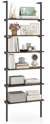 GOPLUS Estantería de Pared de 6 Niveles, Librería de Escalera con Estructura de Metal y Dispositivos Antivuelco, Estante de Exhibición Moderno para Salón Dormitorio Oficina, 60x20x183cm (Marrón)
