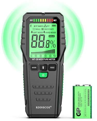 RDINSCOS Damp Meter Pinless Moisture Meter Digital Moisture Detector Non-Destructive Wood Damp Tester for Walls,Caravan,Building Material