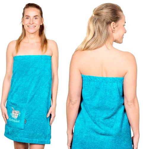 Lashuma Saunakilt Dame L - XXL, Lillby Frottee Saunahandtuch, Saunatuch Baumwolle Blau - Aquamarin mit Klettverschluss u. Gummizug