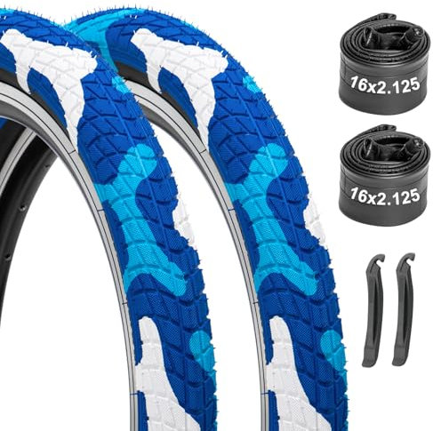 Bike Tires 16x2.125 2-Pack with Tubes & Levers - Compatible with Kids Bike, BMX, MTB, Mountain Bicycle - Camo Blue Design, Thick Rubber, Puncture Protection, Replacement Tires & Inner Tubes