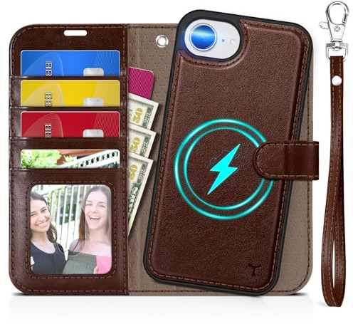 TUCCH Coque Amovible pour iPhone 17e/16e, Brun Chocolat | Etui 2 en 1, Dragonne, Portefeuille en Cuir PU, Anti-Choc, RFID Blocage, 6,1 pouces