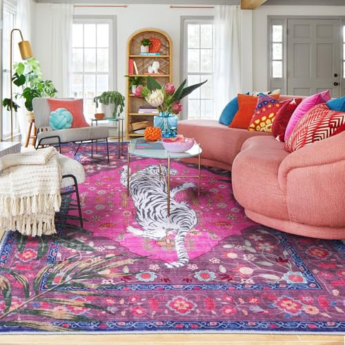 5x7 FT Leopard Rug for Living Room Hot Pink Leopard Vintage Animal Rug Aesthetic Pink Rugs for Girls Room Nursery Bedroom Home Office Dorm Thin Bright Magenta Carpet (Hot Pink, 5X7 FT)