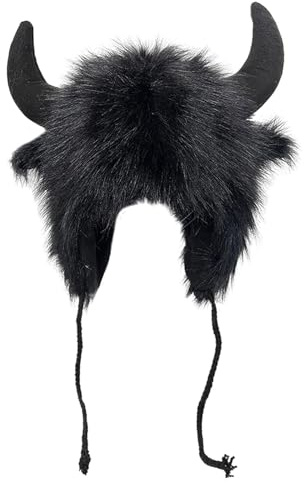 Bison Hut mit Hörnern - Warme Plüsch Winter Ohrenschützer mit Hörnern | Büffelhut | Wintermützen | Plüsch Ohrenklappen Hut mit Hörnern | Flauschiges Tier Cosplay Ohr Kopfbedeckung Geschenk für Männer