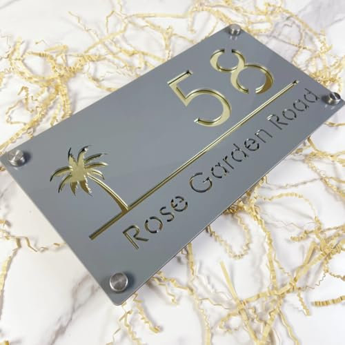 Targa con numero civico personalizzato, numero civico personalizzabile, per esterni (grigio oro, 25 x 13 cm)