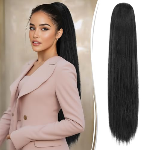 RUWISS Lang Glattes Pferdeschwanz Haarteil - 70 cm Kordelzug Clip Pferdeschwanz Haarverlängerungen Synthetik Zopf Haar Extension für Damen Tägliche (Schwarz)
