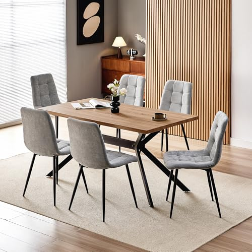 WAFTING Essgruppe Esstisch mit 6 Stühlen, 140×80×73cm HDF Esstisch mit Dunkle Holzmaserung, und Gepolsterte Grau Esszimmerstühle mit hoher Rückenlehne und Leinendesign, für Küche Esszimmer, Wohnzimmer