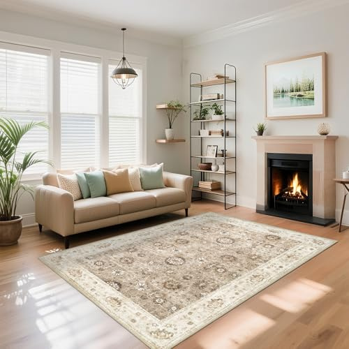 Capslpad Washable Rugs Living Room 160x230cm Distressed Vintage Area Rugs Non-Slip Traditional Oriental Bedroom Carpet Low Pile Thin Floor Mat Rug for Dining Room Kitchen Office Decor, Beige Brown