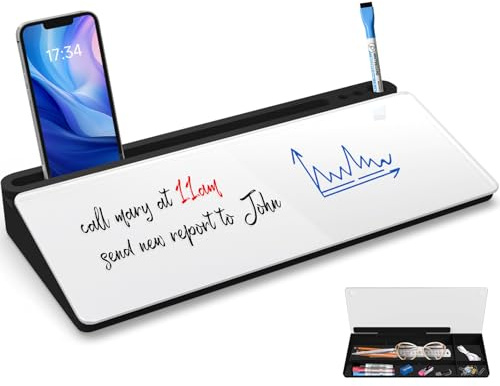 Sliandtelly Lavagna bianca da scrivania con contenitore, lavagna bianca in vetro cancellabile a secco per scrivere e pulire facilmente sulla scrivania, lavagna riutilizzabile con cassetto nero per