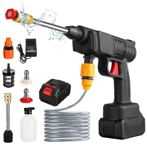 Limpiador de alta presión inalámbrico, limpiador de alta presión de 30 bar, 435 PSI limpiador de alta presión con batería, pistola de alta presión con manguera, para limpieza de coche (1 batería)