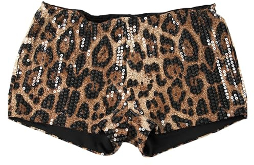 Generisch Pailletten Hose Kurz Damen Leoprint Hotpants Sexy Low Waist Shorts Elastische Taille Pailettenhose Kurze Sommerhose Glitzer Glänzend Shorts Tanz Rave Party Outfits Karneval Kostüm 2025