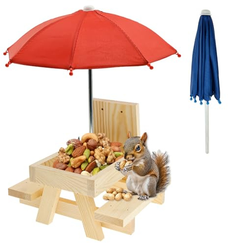 TNTGMG Eichhörnchen Futterhaus mit 2 Schirmen,Eichhörnchenfütterung aus Holz für draußen Lustiger Picknicktisch mit Solider Struktur Chipmunk-Futterstelle mit Maiskolbenhalterung,18×21×18cm