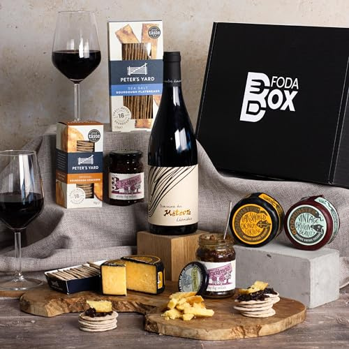 Father's Day Red Wine & Cheese Gift Hamper | Includes 70cl Red Wine, 2 Cheeses, Crackers & Relish | Wine Hampers with Fresh British Cheese | Gifts Hampers by FodaBox