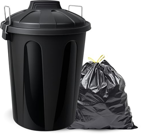 TECHZOCO Cubo de Basura con tapa, cubo basura Industrial, Cubo basura Plástico con asas metálicas, Contenedor residuos, 55 cm alto x 44 cm Diámetro superior, Capacidad 51 Litros