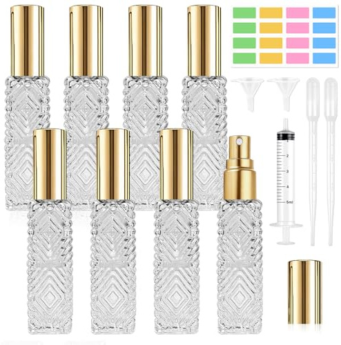 DONQL 8 PCS Travel Perfume Atomiser Refillable, 13 ml Glass Atomiser Spray Bottle, Mini Perfume Refill Bottles Includes Dropper, Funnel, Syringe and Stickers, for Travelling, Handbags, Portioning