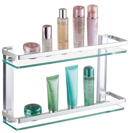 Mgchowue Glas Bad-Regal, 2 Etagen Glasablage Wandregal, Badezimmer Regal Badablage Ablageregal - mit Reling aus Chrom & 8mm Hartglas Badregal