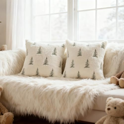 Fluffy Cushion Covers 45cm x 45cm, Sofa Pillow Covers 18 x 18inch Faux Rabbit Fur Throw Pillows with Embroidered Christmas Tree 45x45cm Winter Covers for Festival Bedroom Living Room Decor(White)