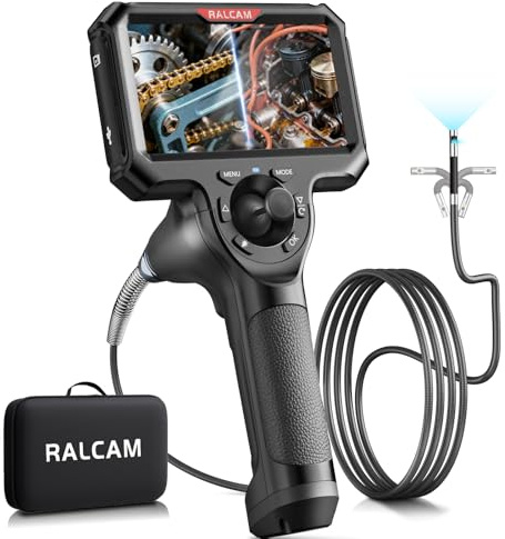 Ralcam Cámara Endoscópica 360° con Luz, Doble Cámara 6,5mm, Pantalla HD 5, IP67, Cable Semirrígido 1,5M, 6+1 LED para Tuberías, Vehículos e Industria