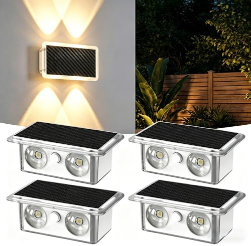 Weskjer 4 Pezzi Lampade Solari per Muro Esterno, Luci da Recinto Solari con Sensore di Movimento Solare IP65 Impermeabili, Lampade da Muro con Tre Colori Regolabili per Giardino, Terrazza e Cortile