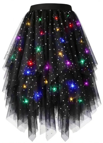 Beipegin Gonna Tulle Donna Luminosa LED Gonne Paillettes Irregolare Tulle tutù Costume Carnevale Halloween - Batteria Non Inclusa