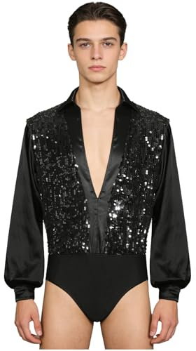 dPois Uomo Camicia Body da Ballo Latino Americano Tango Maniche Lunghe Balletto Leotards con Paillettes Body Ginnastica Ritmica Danza Classica Moderna Dancewear Nero XXL