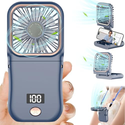 Kouric Hand Fan Folding Rechargeable,Lightweight,4000mAh Battery Powered & 3 Wind Speeds Display,180° Adjustable Stand,Mini Personal Cooling Travel Fans for Holiday Camping School Office Makeup Blue