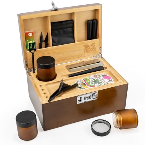 Viking Factory Large Lockable Bamboo Storage Box with Removable Tray and Combination Lock, 19-Piece Wooden Organizer Set with Jars, Accessories and Padded Interior for Personal Storage (Brown)