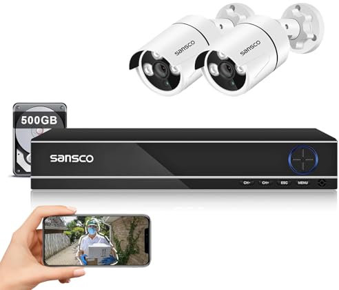 SANSCO 8CH Outdoor CCTV Camera System, 8 Channel 5MP DVR with 500GB Hard Drive, 2x 3K Bullet Security Camera, Face/Human Detection, Email/APP Alert, Remote View, USB Backup