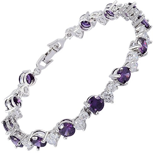 RIZILIA Tennis Armband [19cm/7.5inch] mit Rundschliff Edelstein Zirkonia CZ [Mehrfarbige Geburtsstein Erhältlich] in 18K Weißgold Vergoldet, Einfache Moderne Eleganz