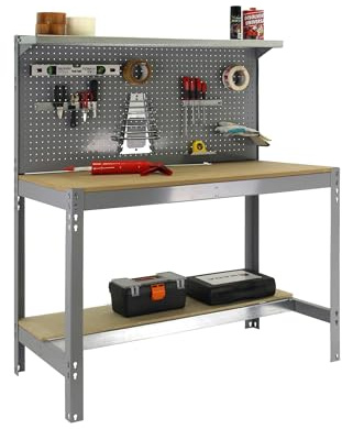 SimonRack Werkbank 600 kg Belastbarkeit, 144,5x151x61 cm, Große Arbeitsfläche Arbeitsfläche, Arbeitstisch, Holz-Arbeitsplatte, Grau/Holz - BT3