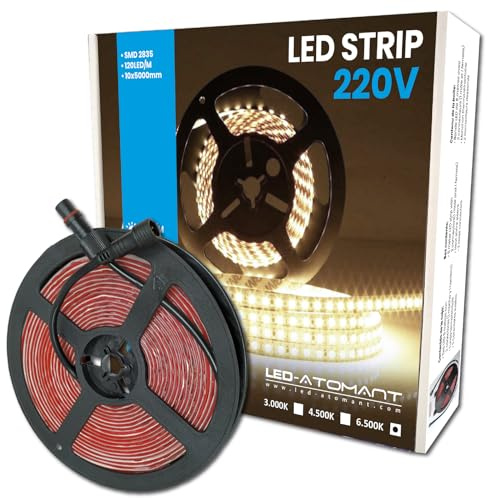 LED ATOMANT Rollo 5m de Tira Luz LED 220V 12W/m Color Luz Fria IP65 | Color Blanco Frio 6500K, Corte cada 10cm