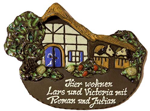 Haus mit Pferden-Keramikschild-Türschild-Klingelschild-Namensschild-Schild-240 x 170 mm-Relief von Hand gefertigt-Incl. Beschriftung-Mit, oder ohne Klingel (6931-24 x 17 cm mit Text + Klingel links)