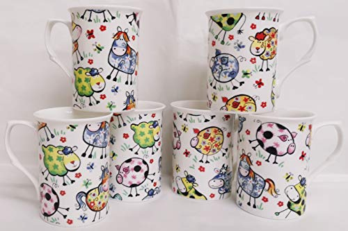 Lot de 6 tasses en porcelaine fine Motif animaux de la ferme Décorées à la main au Royaume-Uni