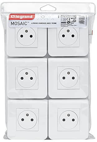 LEGRAND - Elektrische Wandsteckdose mit Erde Mosaic Oberfläche – Steckdose 2P + T + Abdeckplatte + Schraubhalterung – hergestellt in Frankreich – Weiß – 6 Stück