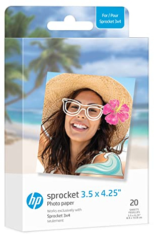 HP Sprocket 3,5 x 4,25 (8,9 x 10,8 cm) Premium Zink Fotopapier, vorgeschnitten und selbstklebend, 20 Blatt, kompatibel Sprocket 3x4 und Photobooth Fotodruckern