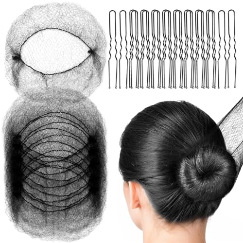 FANDAMEI Hair Nets, U Shaped Hair Pins Set - 20 Invisible Elastic Mesh Nets, 40 Bun Maker Pins for Women, Girls, Ballet Dance (Black)