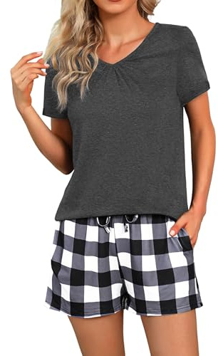 Marvmys Pijama Mujer Verano Manga Corta Algodón Conjunto de Pijamas Mujer Corto Talla Grande Ropa de Dormir Dos Piezas con Bolsillos y Cordón S-XXL