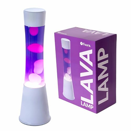 FISURA - Lila und weiße Lavalampe. Weiße Basis, violette Flüssigkeit und weiße Lava. Lavalampe mit Ersatzbirne. Abmessungen: 11 x 11 x 39,5 Zentimeter.