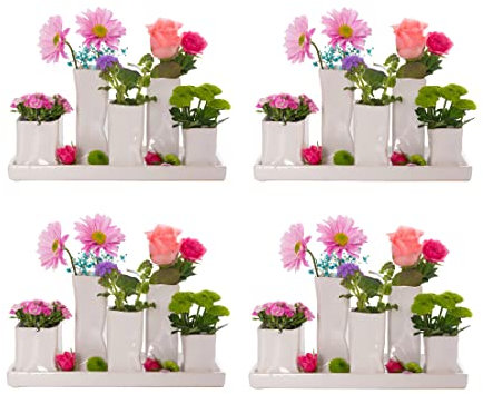Jinfa 4er Set Keramikvasen – Weiß Mini-Vasen je 5 Stück (29,5×11×15,5 cm) – Handgefertigte Tisch- & Wohnzimmerdeko – Skandinavisches Design für Blumen, Zweige & Geschenkideen