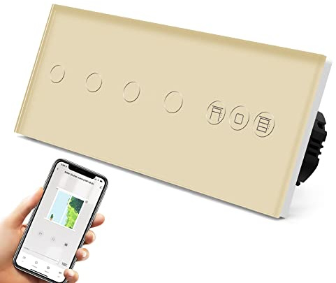 BSEED Interruptor Persiana WiFi,interruptores tactil empotrado,Inteligente Control de Porcentaje,Panel de Cristal,Control Remoto,Requiere Cable Neutro,2 * 2 Gang + Persiana,228mm Oro