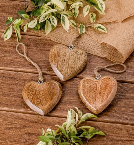 Mie Creations Set of 3 Rustic Wooden Heart Ornaments, Valentine's Day Decorations, Love Gifts for Him, Her | Farmhouse 4 inch Wood Hearts with Jute Twine, Hand Carved Wall Hanging Home Decor